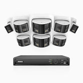FDH600 - 6MP 8 Kanal PoE Panorama Überwachungskamera-Set mit 8 Kameras, zwei Objektiven, 180° Ultraweitwinkel, f/1.2 Superblende, BSI-Sensor, integriertes Mikrofon, aktive Sirene und Alarm, Personen-und Fahrzeugerkennung